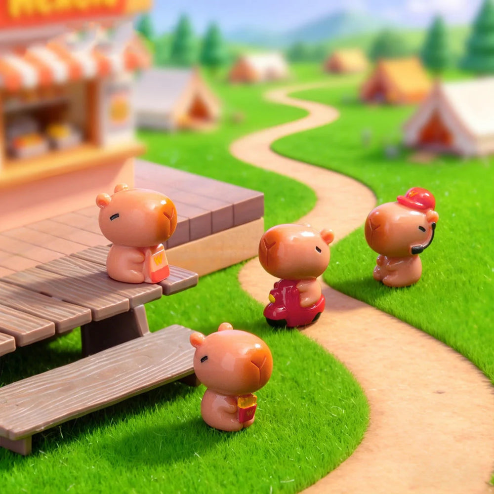 Cute Camping Capybara Miniature Set of 4 – Tiny Collectible Figurines