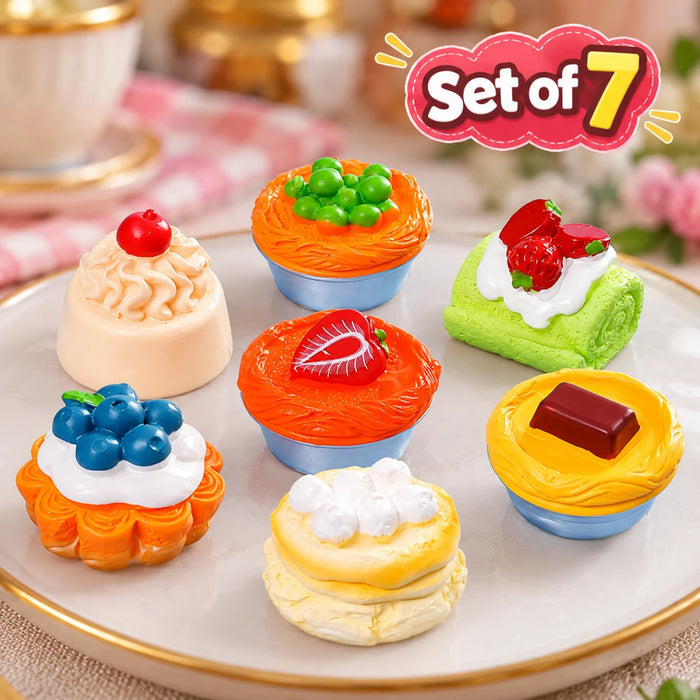 7-Piece Cute Dollhouse Miniature Food Bakery Collection - Artificial Cakes, Tarts, and Pastries