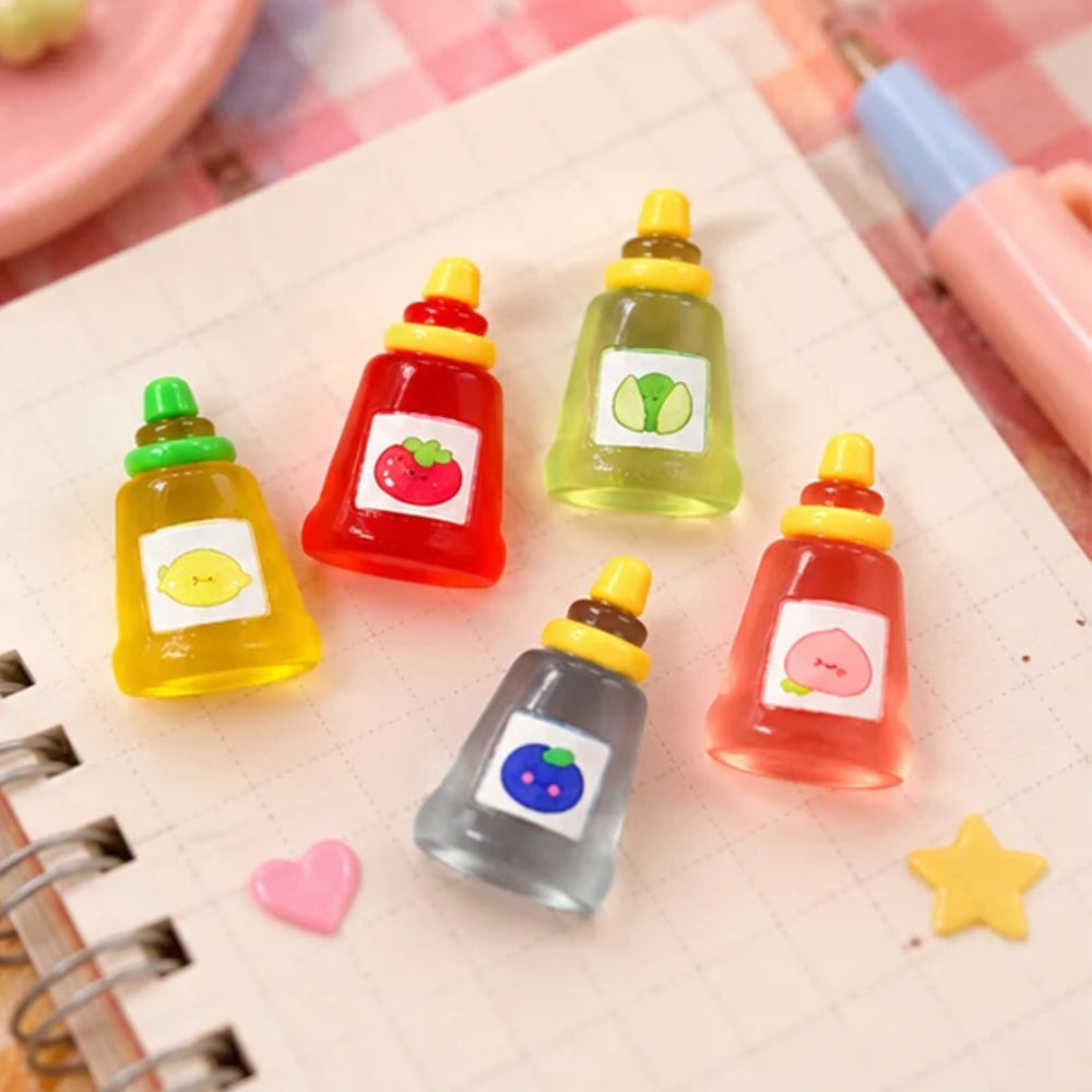 Set of 6 Miniature Fruit Sauce Bottles, Tiny Dollhouse Kitchen Accessories