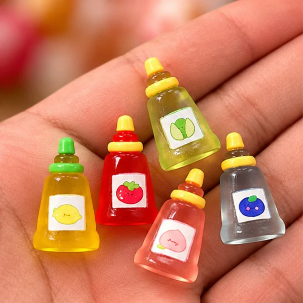 Set of 6 Miniature Fruit Sauce Bottles, Tiny Dollhouse Kitchen Accessories
