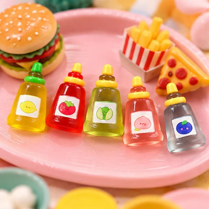 Set of 6 Miniature Fruit Sauce Bottles, Tiny Dollhouse Kitchen Accessories