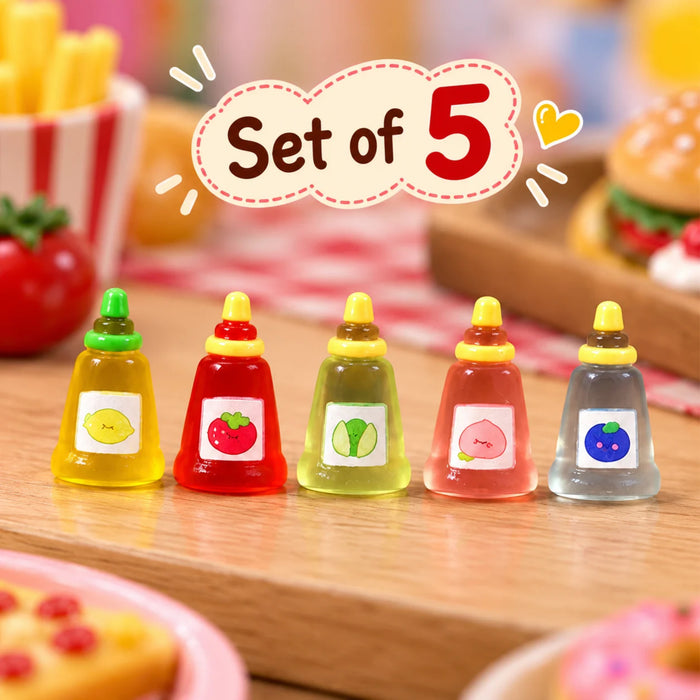 Set of 6 Miniature Fruit Sauce Bottles, Tiny Dollhouse Kitchen Accessories