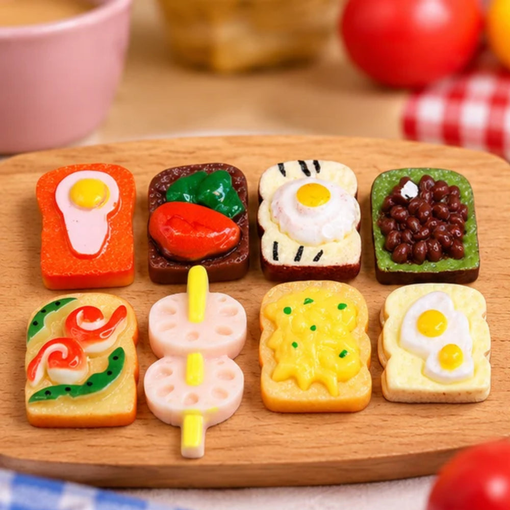 Set of 8 Realistic Miniature Toast & Breakfast Food Cabochons for DIY Crafting, Scrapbooking, and Dollhouse Decor