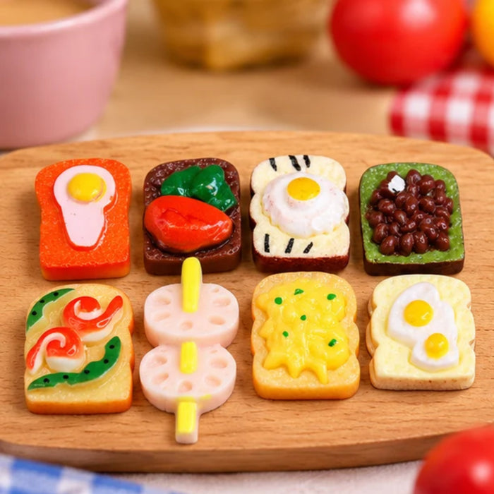 Set of 8 Realistic Miniature Toast & Breakfast Food Cabochons for DIY Crafting, Scrapbooking, and Dollhouse Decor