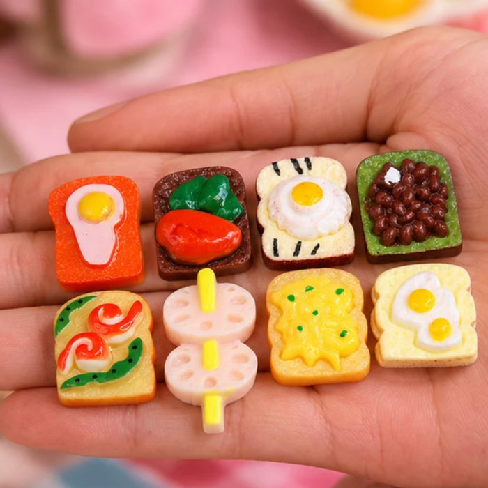 Set of 8 Realistic Miniature Toast & Breakfast Food Cabochons for DIY Crafting, Scrapbooking, and Dollhouse Decor
