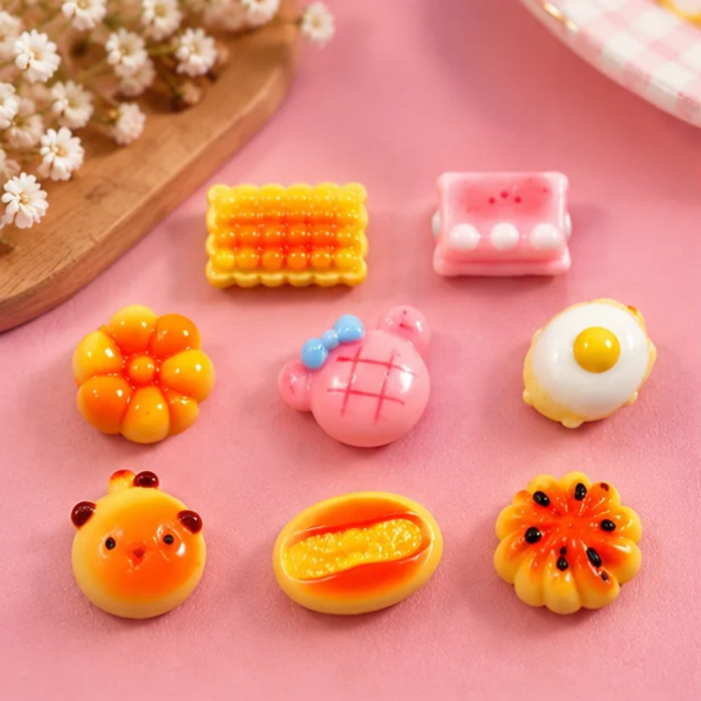 Cute Plastic Miniature Food & Character Cabochons – Set of 8 Assorted Flatback Charms for DIY Crafting, Slime Supplies, Hair Bows, and Scrapbooking