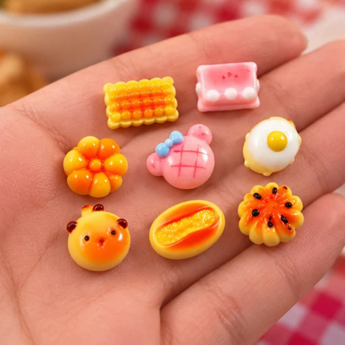 Cute Plastic Miniature Food & Character Cabochons – Set of 8 Assorted Flatback Charms for DIY Crafting, Slime Supplies, Hair Bows, and Scrapbooking