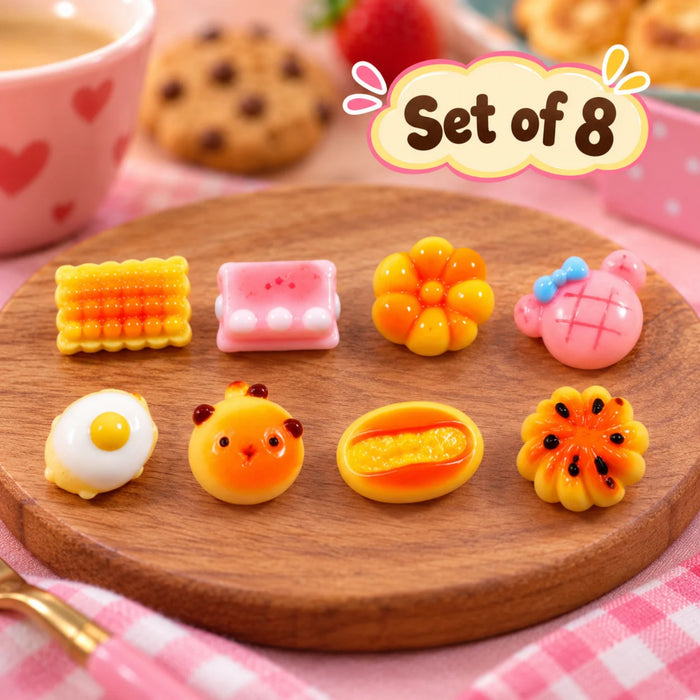 Cute Plastic Miniature Food & Character Cabochons – Set of 8 Assorted Flatback Charms for DIY Crafting, Slime Supplies, Hair Bows, and Scrapbooking