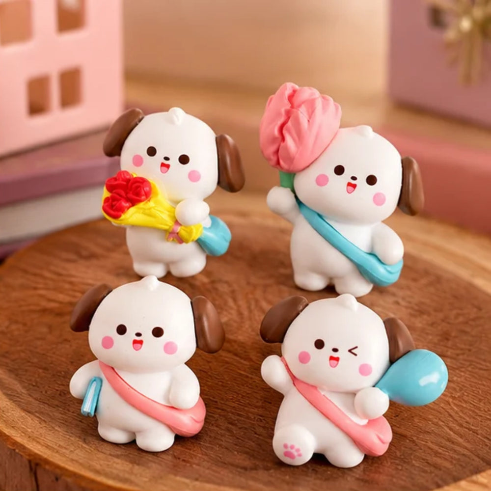 Adorable Cartoon Puppy Miniatures – Set of 4 Cute Dog Figurines with Bags and Accessories