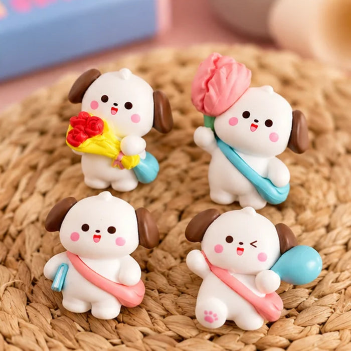 Adorable Cartoon Puppy Miniatures – Set of 4 Cute Dog Figurines with Bags and Accessories