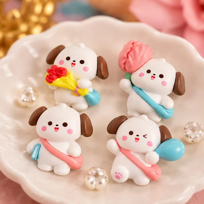 Adorable Cartoon Puppy Miniatures – Set of 4 Cute Dog Figurines with Bags and Accessories