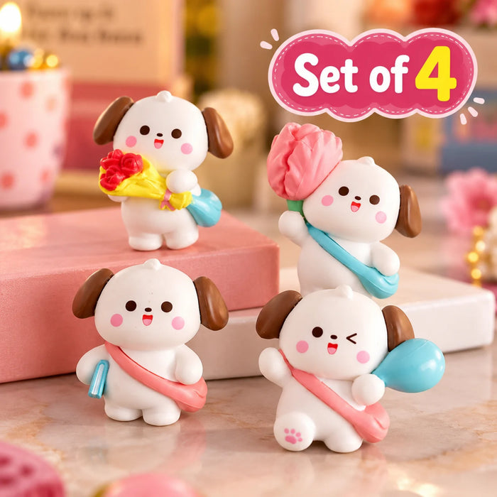 Adorable Cartoon Puppy Miniatures – Set of 4 Cute Dog Figurines with Bags and Accessories