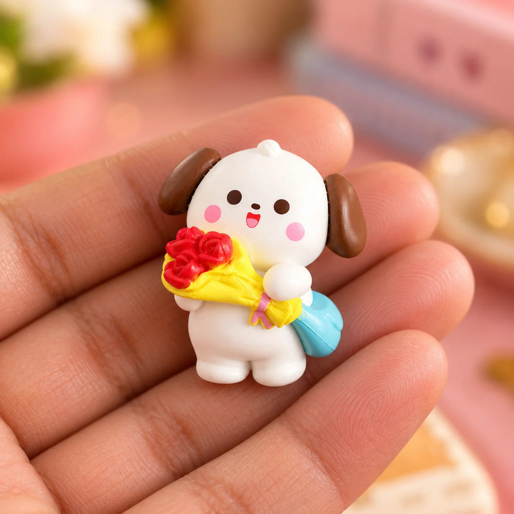Adorable Cartoon Puppy Miniatures – Set of 4 Cute Dog Figurines with Bags and Accessories