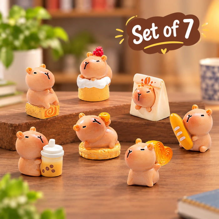 Cute Capybara Miniature Figurines Set – 7 Pieces Adorable Animal Toy Decor for Desk, Office, Fairy Garden, and Craft Projects