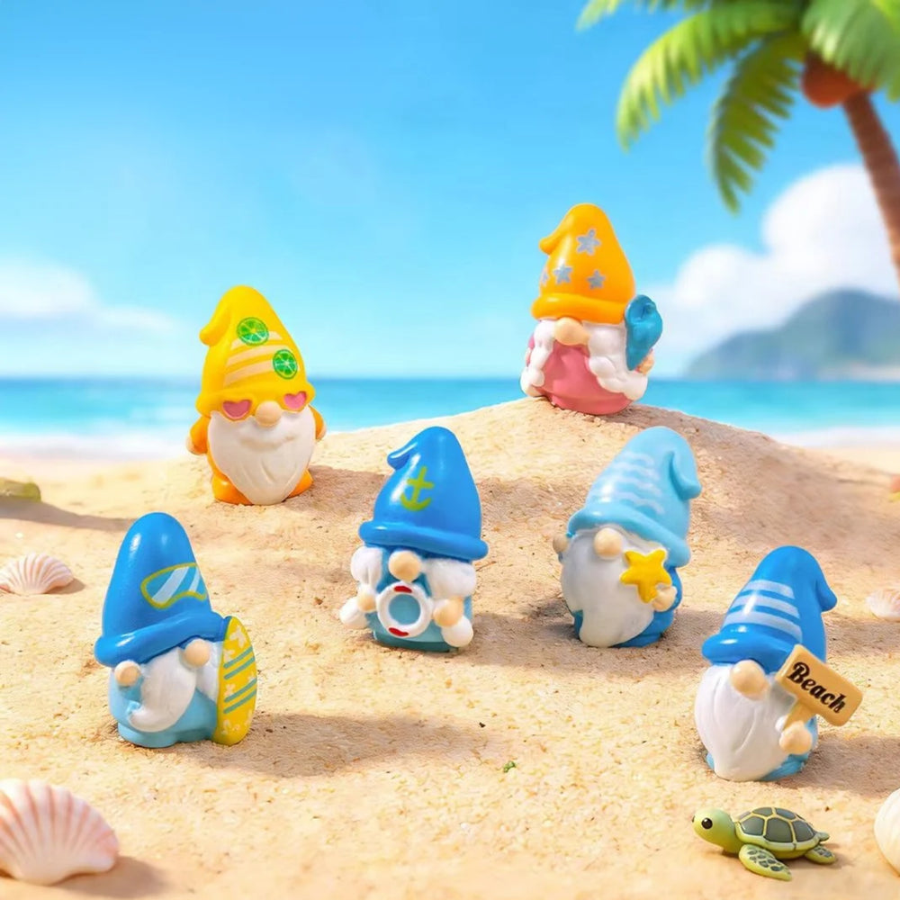 Summer Beach Gnomes Miniature Figurines - Set of 6 Plastic Nautical Fairy Garden & Terrarium Decor