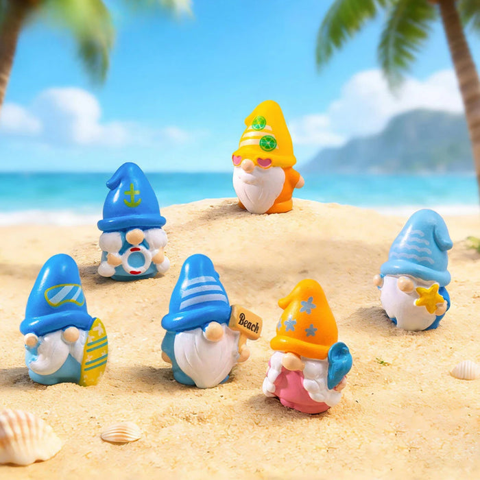 Summer Beach Gnomes Miniature Figurines - Set of 6 Plastic Nautical Fairy Garden & Terrarium Decor