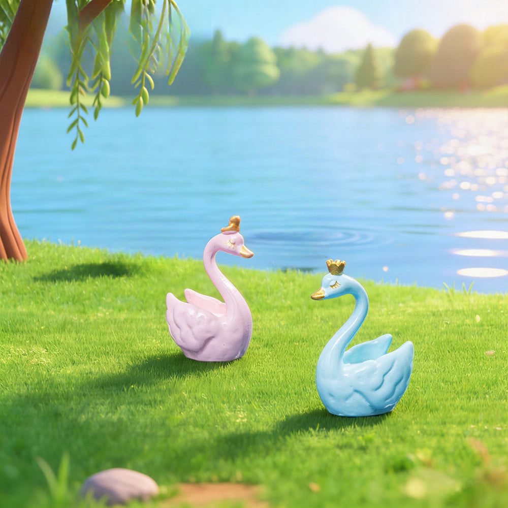 Cute Crown Swan Couple Showpiece Set of 2 – Plastic Decorative Ornaments for Home Decor, Living Room, Tabletop, and Office Desk (Blue & Pink)