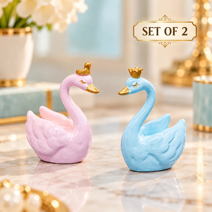 Cute Crown Swan Couple Showpiece Set of 2 – Plastic Decorative Ornaments for Home Decor, Living Room, Tabletop, and Office Desk (Blue & Pink)