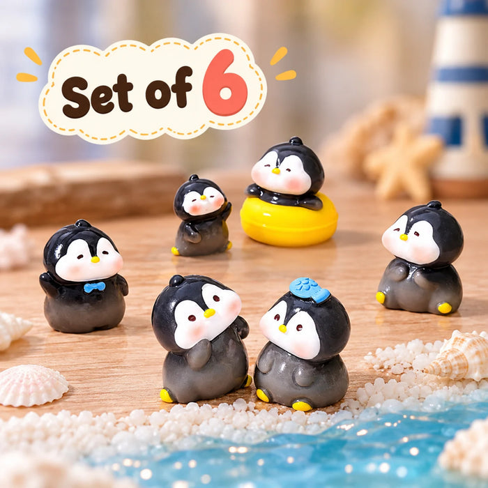 Miniature Cute Penguin Figurines Set of 6 – Tiny Plastic Ocean Animal Statues for Micro Landscape, Terrarium, Dollhouse & Fairy Garden Décor