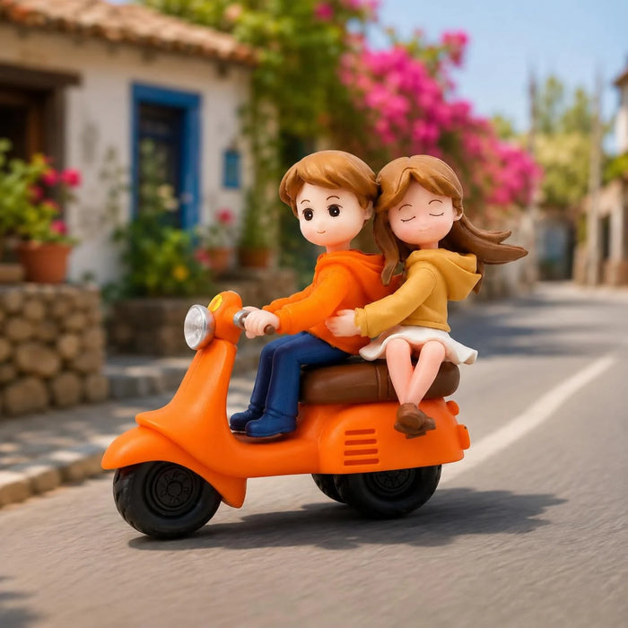 Cute Miniature Couple Riding an Orange Scooter Showpiece for Home Decor, Car Dashboard, and Romantic Gifting