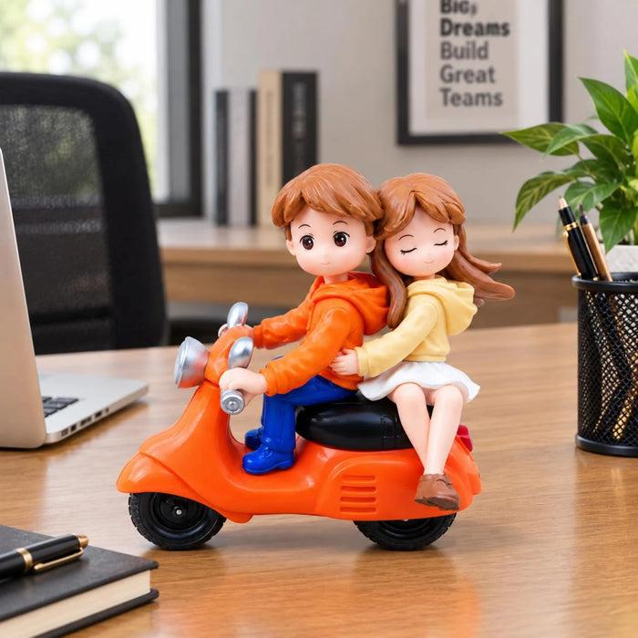 Cute Miniature Couple Riding an Orange Scooter Showpiece for Home Decor, Car Dashboard, and Romantic Gifting