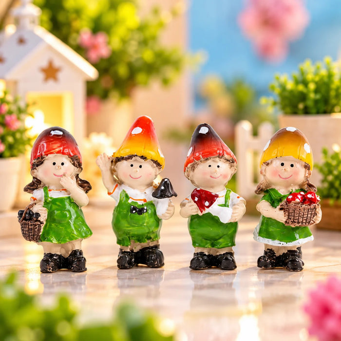 Miniature Garden Gnome Figurine Set of 4 – Cute Plastic Mushroom Cap Boy & Girl Statues for Fairy Gardens, Terrariums, Plant Pots, and Micro Landscapes