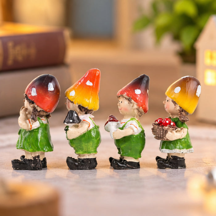 Miniature Garden Gnome Figurine Set of 4 – Cute Plastic Mushroom Cap Boy & Girl Statues for Fairy Gardens, Terrariums, Plant Pots, and Micro Landscapes