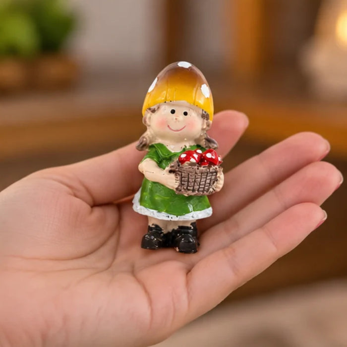 Miniature Garden Gnome Figurine Set of 4 – Cute Plastic Mushroom Cap Boy & Girl Statues for Fairy Gardens, Terrariums, Plant Pots, and Micro Landscapes