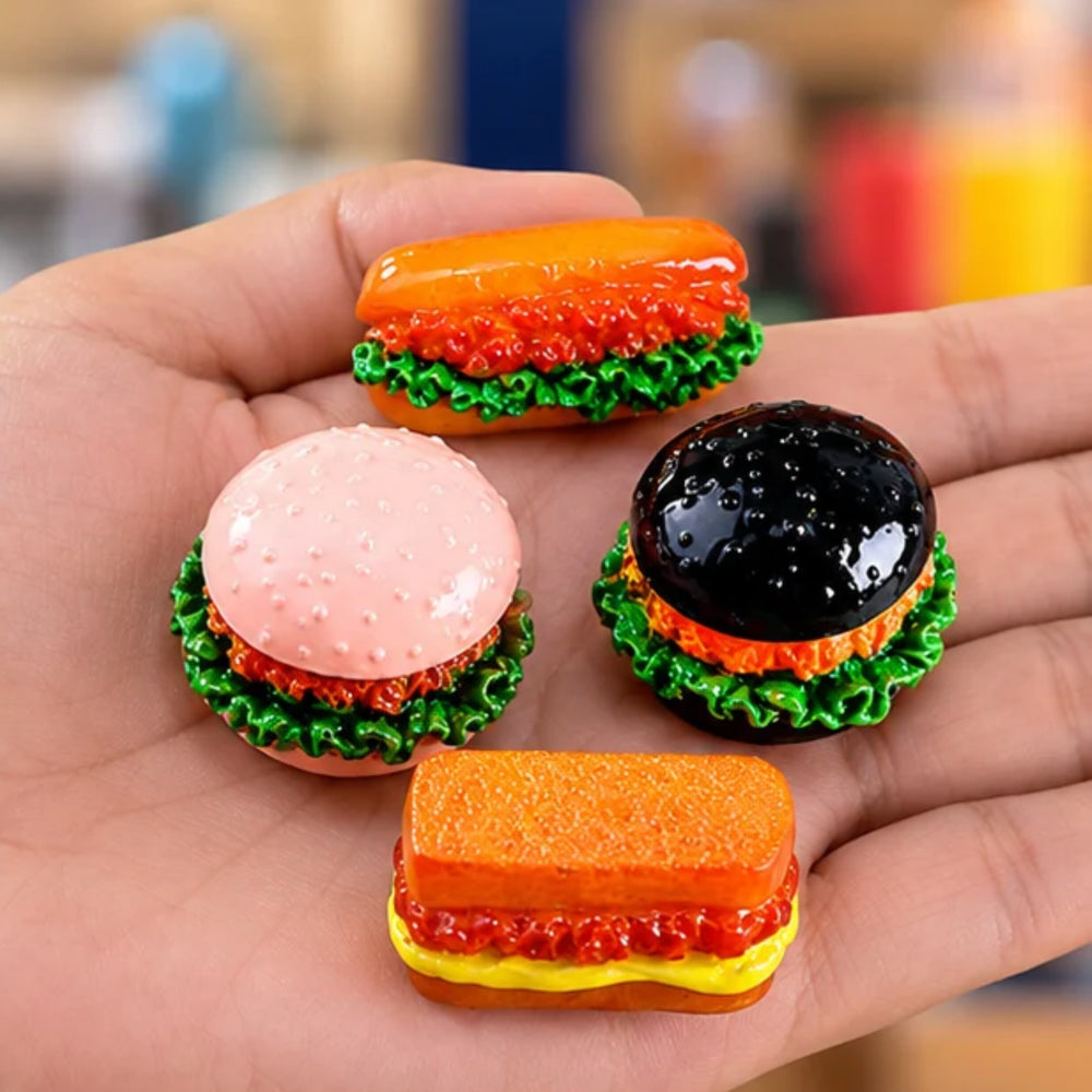 Miniature Fast Food Plastic Figurines - Set of 4 (Burgers, Hotdog & Sandwich Micro Landscape Accessories for Dollhouse, Fairy Garden, DIY Craft & Decor)