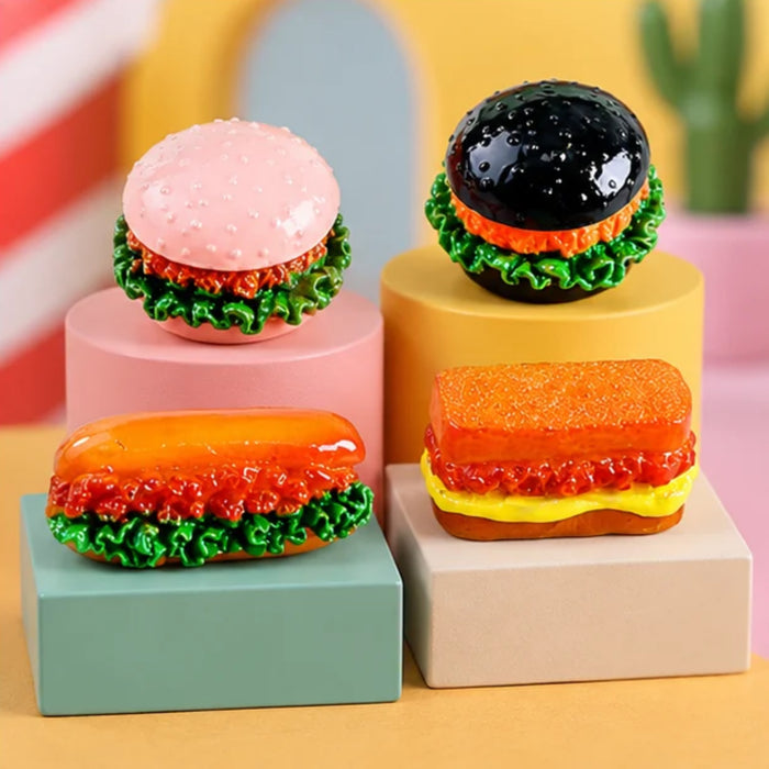 Miniature Fast Food Plastic Figurines - Set of 4 (Burgers, Hotdog & Sandwich Micro Landscape Accessories for Dollhouse, Fairy Garden, DIY Craft & Decor)