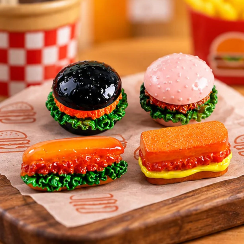 Miniature Fast Food Plastic Figurines - Set of 4 (Burgers, Hotdog & Sandwich Micro Landscape Accessories for Dollhouse, Fairy Garden, DIY Craft & Decor)