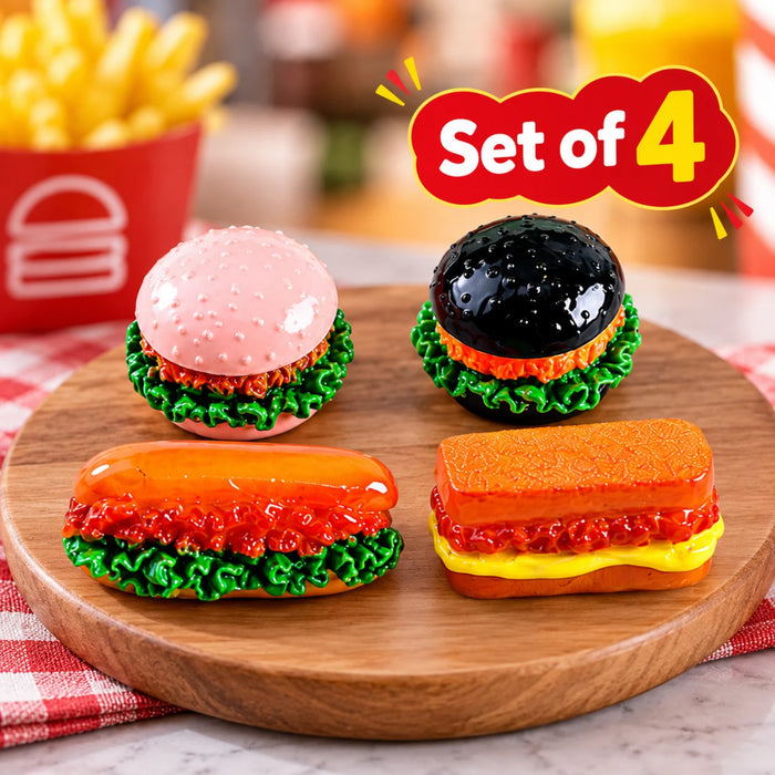 Miniature Fast Food Plastic Figurines - Set of 4 (Burgers, Hotdog & Sandwich Micro Landscape Accessories for Dollhouse, Fairy Garden, DIY Craft & Decor)