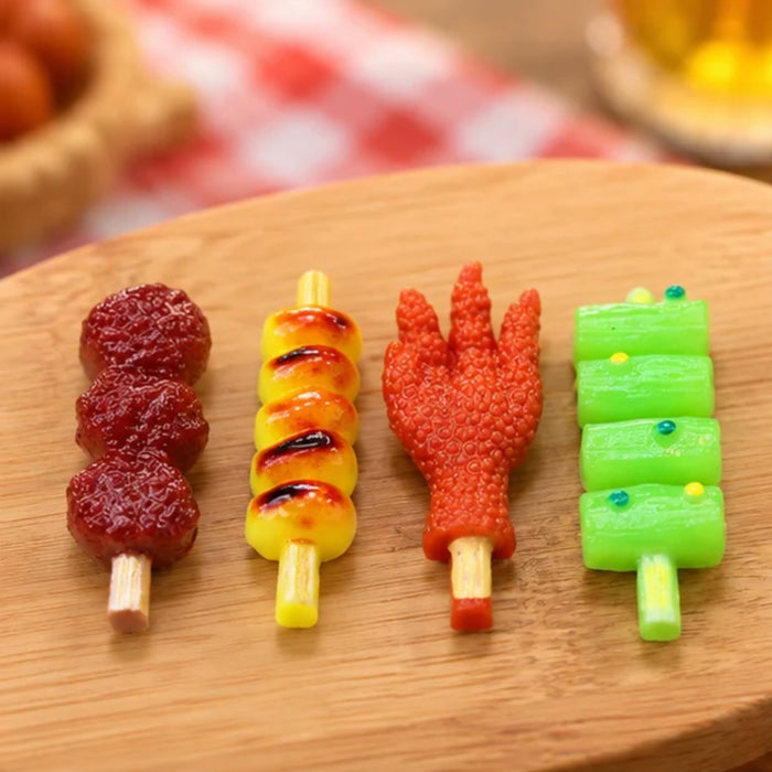 Miniature Street Food Skewers Set of 4 – Realistic Plastic BBQ, Dango, & Snack Figurines for Dollhouse Kitchen, Micro Landscape, & Fairy Garden Decor