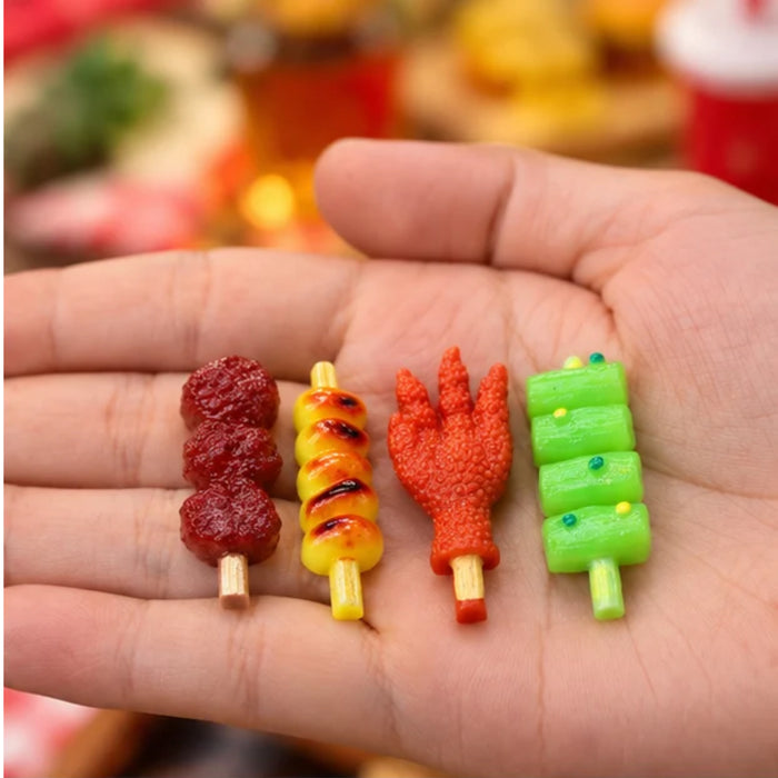 Miniature Street Food Skewers Set of 4 – Realistic Plastic BBQ, Dango, & Snack Figurines for Dollhouse Kitchen, Micro Landscape, & Fairy Garden Decor
