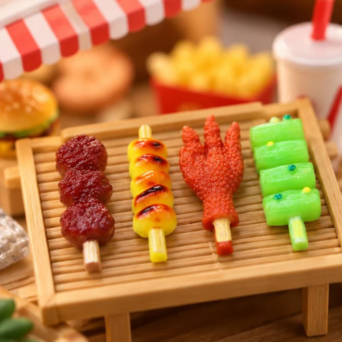 Miniature Street Food Skewers Set of 4 – Realistic Plastic BBQ, Dango, & Snack Figurines for Dollhouse Kitchen, Micro Landscape, & Fairy Garden Decor