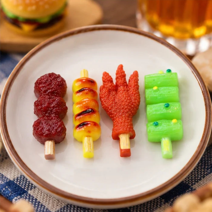 Miniature Street Food Skewers Set of 4 – Realistic Plastic BBQ, Dango, & Snack Figurines for Dollhouse Kitchen, Micro Landscape, & Fairy Garden Decor