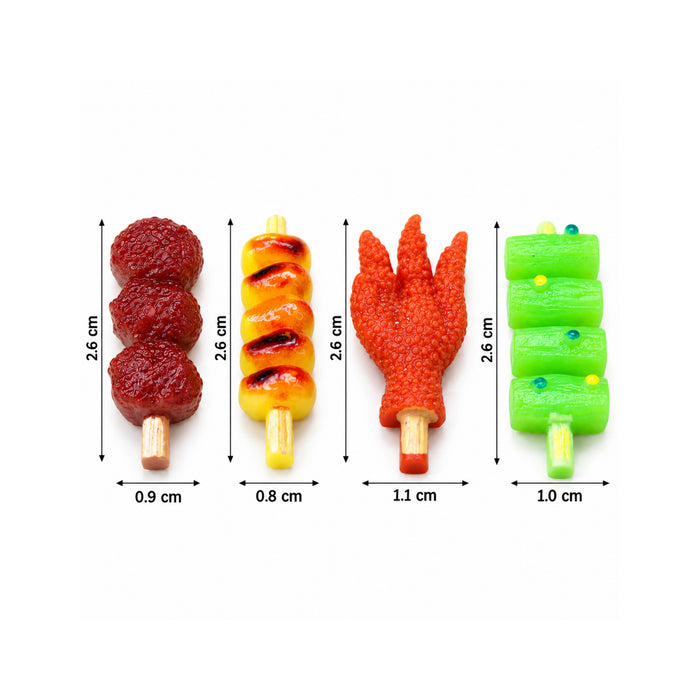 Miniature Street Food Skewers Set of 4 – Realistic Plastic BBQ, Dango, & Snack Figurines for Dollhouse Kitchen, Micro Landscape, & Fairy Garden Decor