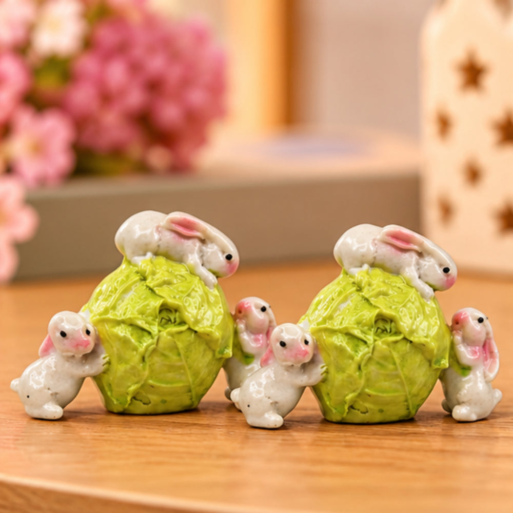 Imported Miniatures (2 pcs) Rabbit on Cabbage|Miniature Figurine| Shelf Décor | Resin Home décor | Gift Items