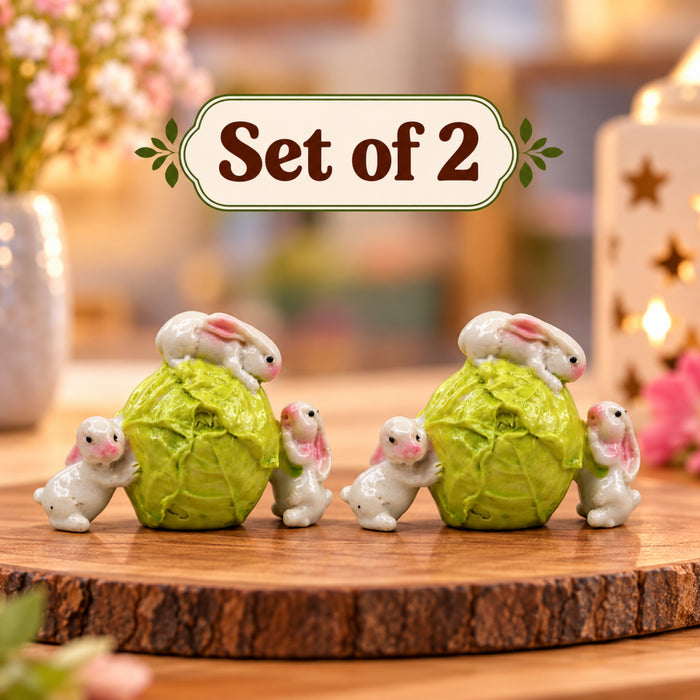 Imported Miniatures (2 pcs) Rabbit on Cabbage|Miniature Figurine| Shelf Décor | Resin Home décor | Gift Items