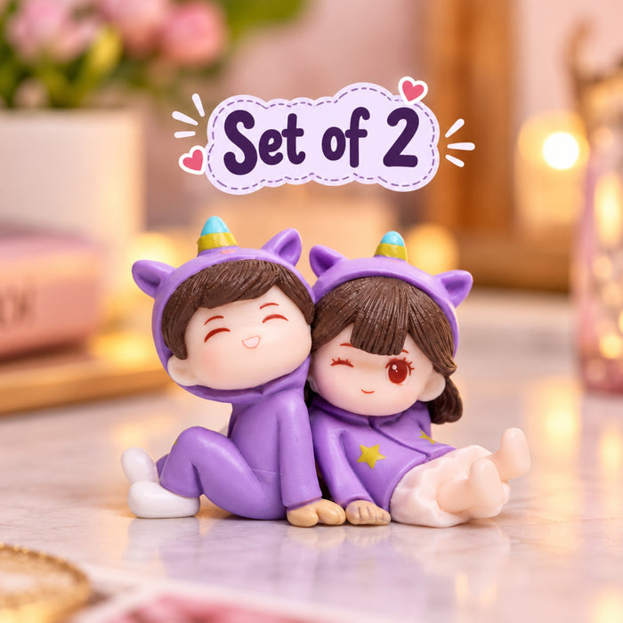 Set of 2 Purple Dress Couple Miniature  (Sitting, Joint together) | Car Dashboard Accessories| Fairy Garden| Bonsai Tray Garden| Shelf Decor| Showpiece Figurine| Doll House-2.3 x 1 x 1.3