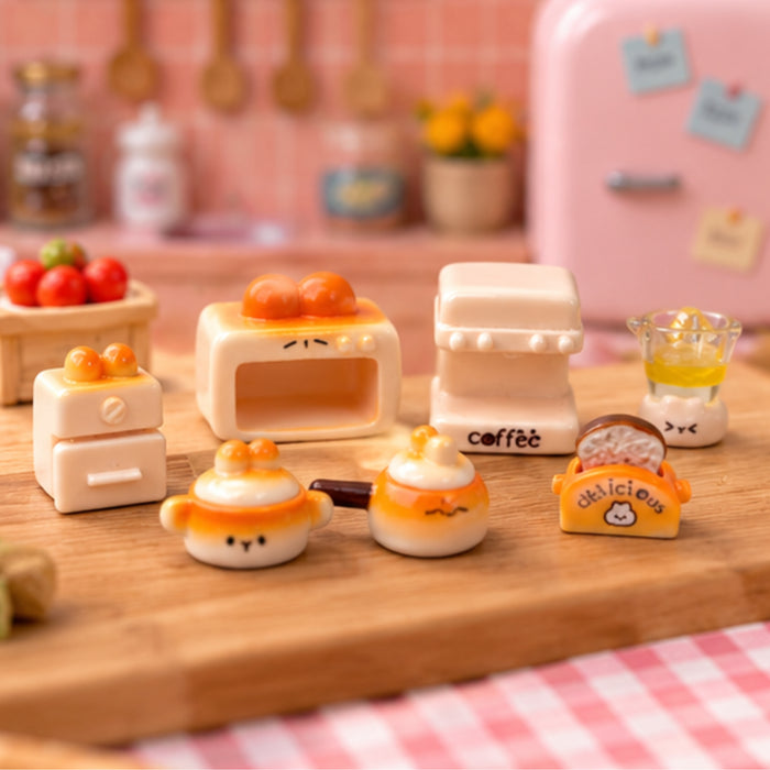7-Piece Kawaii Miniature Kitchen Collection – Tiny "Sweet Face" Appliances & Cookware – Desktop Decor, Dollhouse Furniture, and DIY Craft Accessories