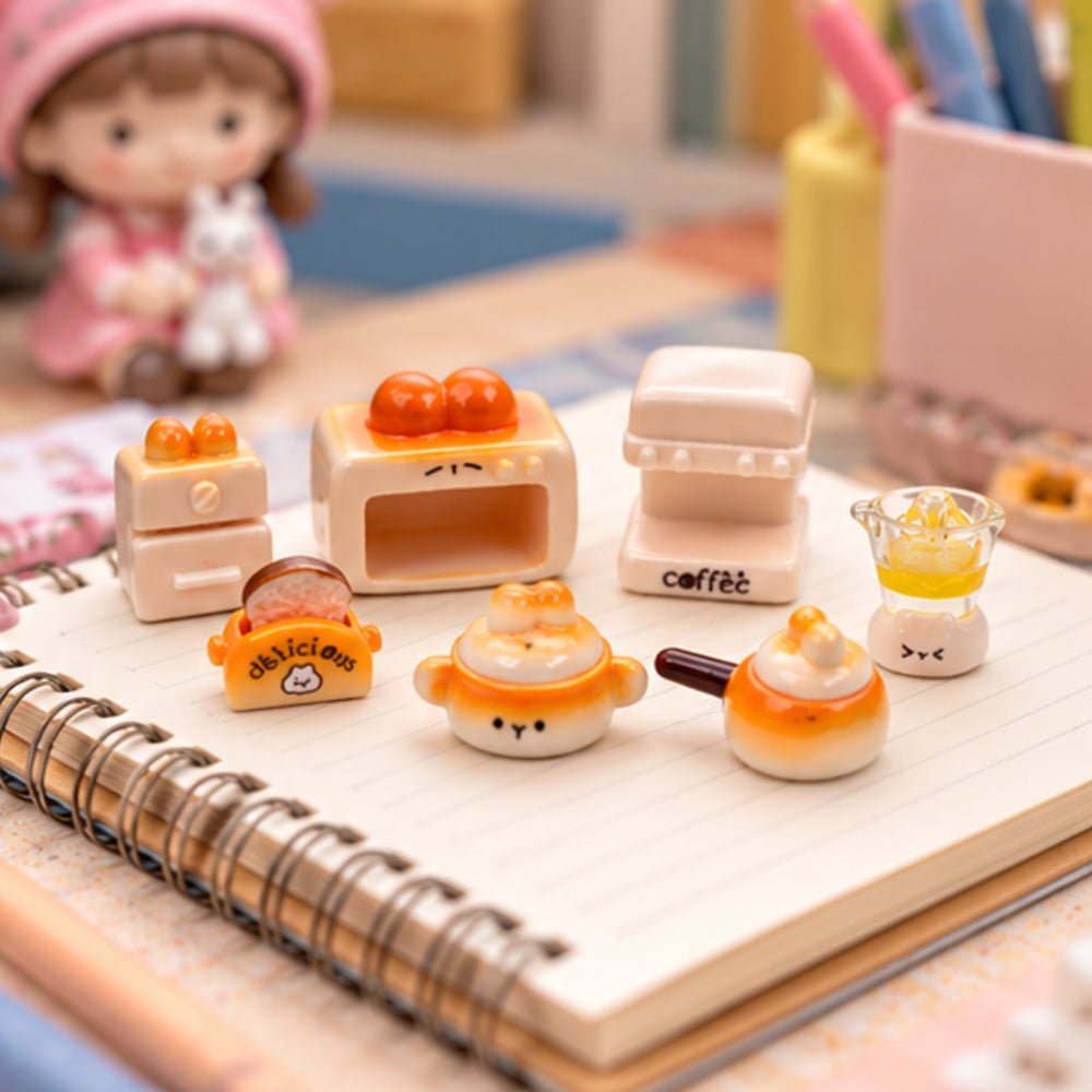 7-Piece Kawaii Miniature Kitchen Collection – Tiny "Sweet Face" Appliances & Cookware – Desktop Decor, Dollhouse Furniture, and DIY Craft Accessories