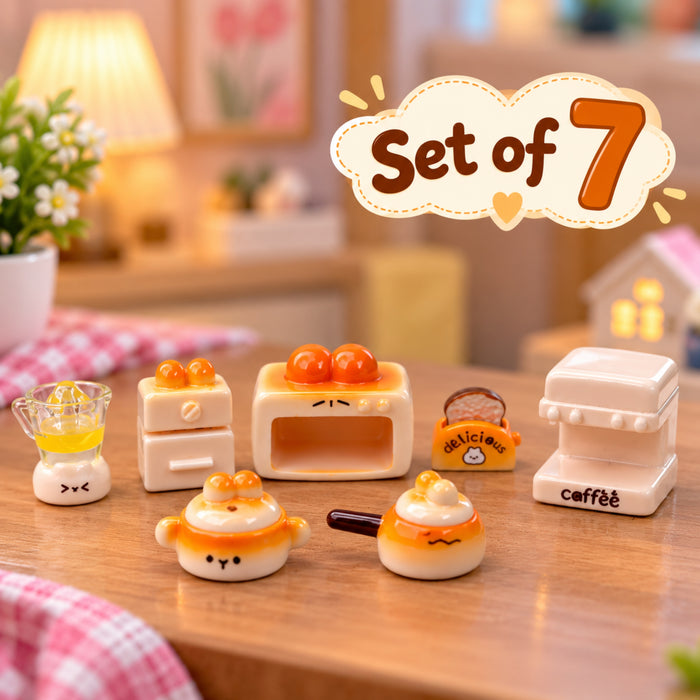 7-Piece Kawaii Miniature Kitchen Collection – Tiny "Sweet Face" Appliances & Cookware – Desktop Decor, Dollhouse Furniture, and DIY Craft Accessories