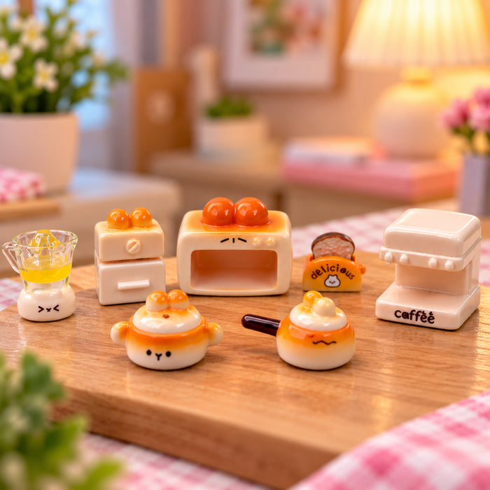 7-Piece Kawaii Miniature Kitchen Collection – Tiny "Sweet Face" Appliances & Cookware – Desktop Decor, Dollhouse Furniture, and DIY Craft Accessories