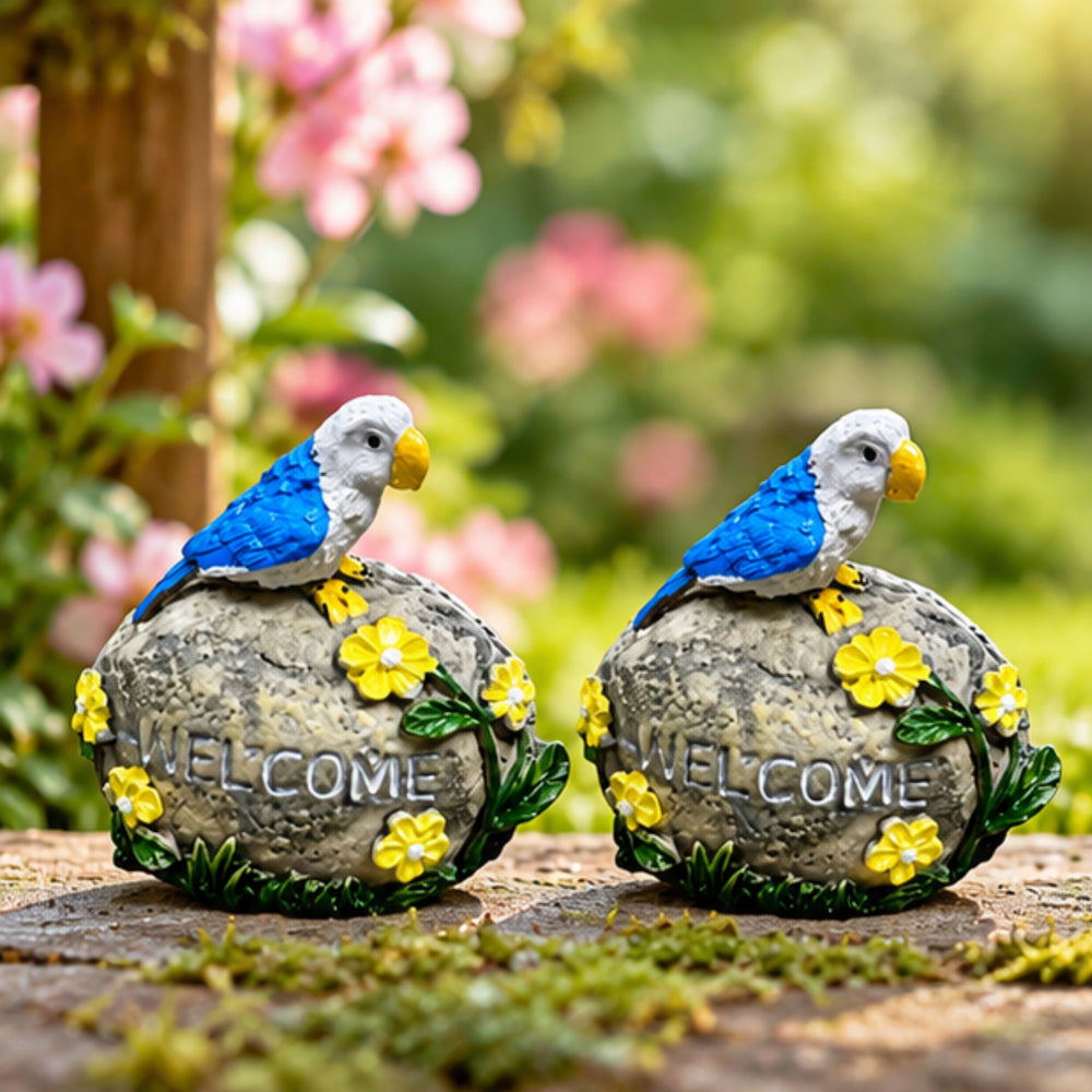 Parrot Welcome Garden Statue - Blue Bird on "Welcome" Stone