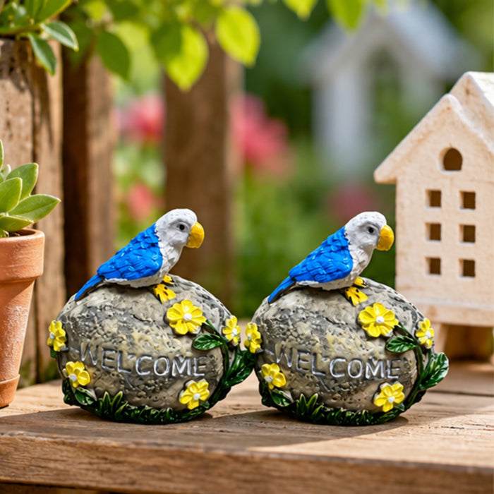 Parrot Welcome Garden Statue - Blue Bird on "Welcome" Stone