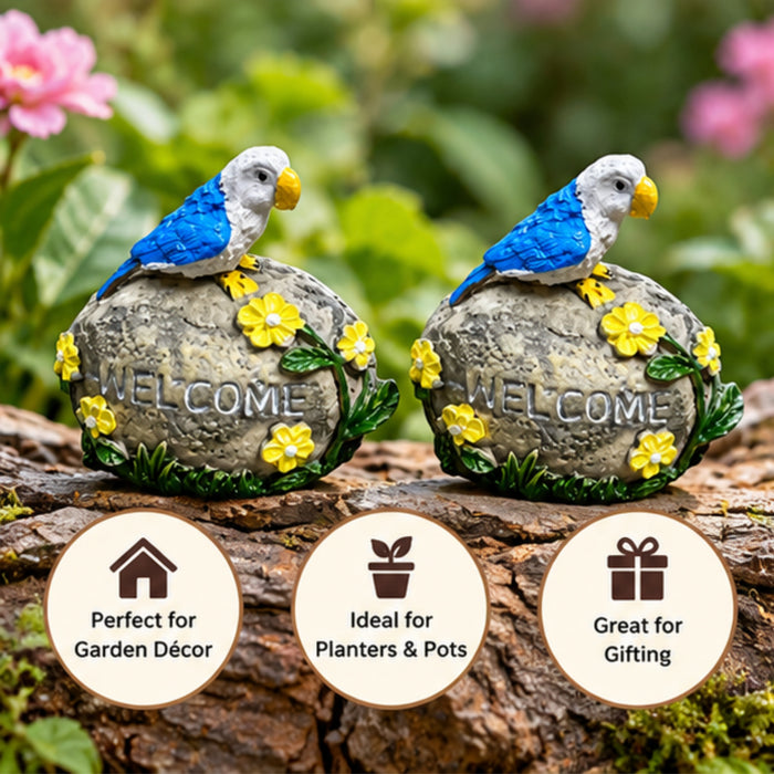 Parrot Welcome Garden Statue - Blue Bird on "Welcome" Stone