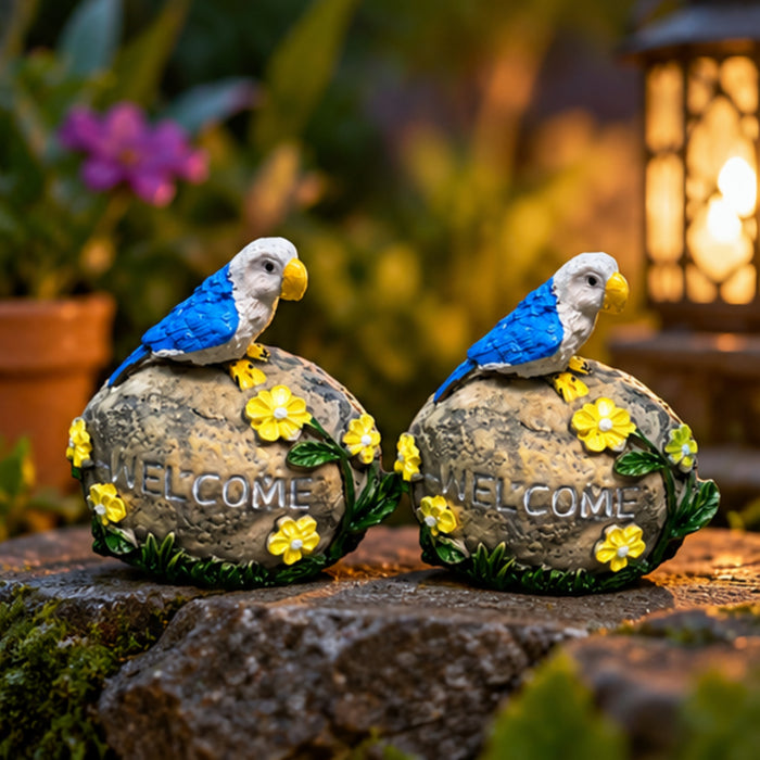 Parrot Welcome Garden Statue - Blue Bird on "Welcome" Stone