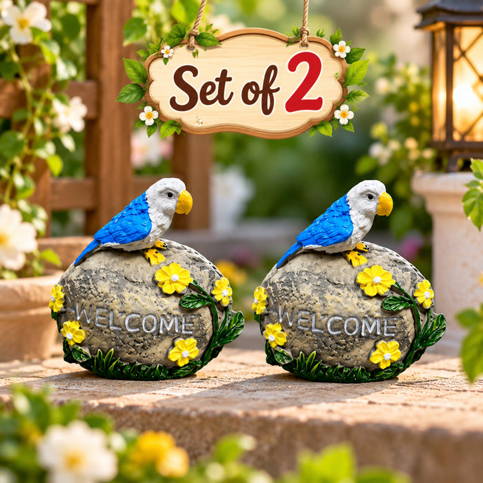 Parrot Welcome Garden Statue - Blue Bird on "Welcome" Stone