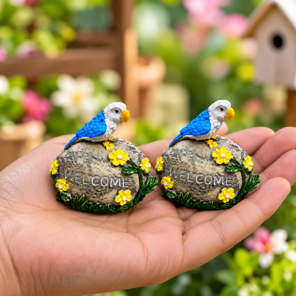Parrot Welcome Garden Statue - Blue Bird on "Welcome" Stone
